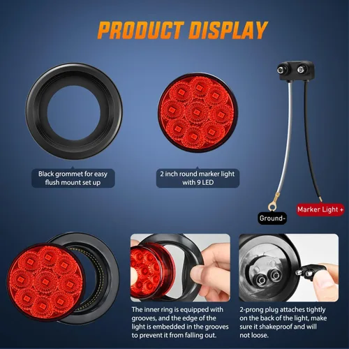 Miniatura 3 de Nilight Luz de marcador redonda de 2 pulgadas, 2 piezas, roja, 9 LED, luces de gálibo LED, montaje al ras con enchufe, ojal, coleta, cableado Rojo