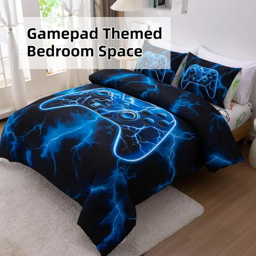 Miniatura 3 de Meeting Story Juego de edredón de videojuegos para niños, diseño de controlador de videojuegos 3D, juego de cama individual ligero y suave para Azul