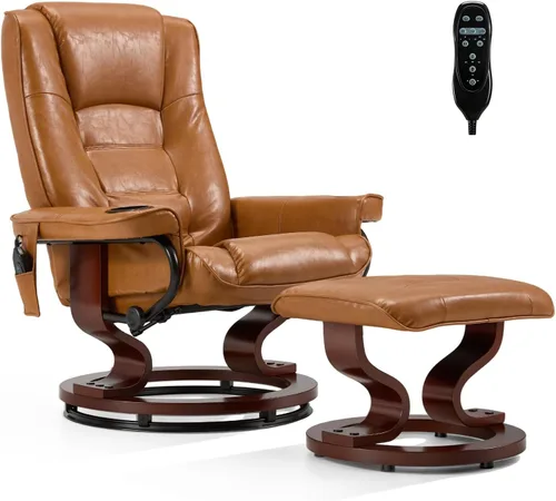 Miniatura 10 de AVAWING Silla reclinable con masaje por vibración, reclinable, de piel sintética, con otomana, giratoria, de madera, para sala de estar, color beige