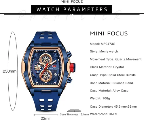 Miniatura 6 de MF MINI FOCUS Reloj de pulsera Tonneau de moda para hombre (cronógrafoimpermeableluminosocalendario) reloj de cuarzo con correa de silicona