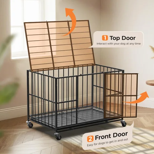 Miniatura 2 de Jaula de acero resistente de 38 pulgadas para perros, a prueba de escape, para interiores, doble puerta, alta ansiedad, bandeja extraíble, jaula