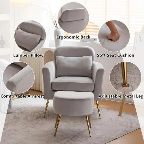 Miniatura 3 de Accent Chairs for Living Room Lounge Chair Upholstered Flannelette Single Sofa Chair w/Ottoman Foot & Gold Feet,Comfy Reading Chair Arm Chairs Pink