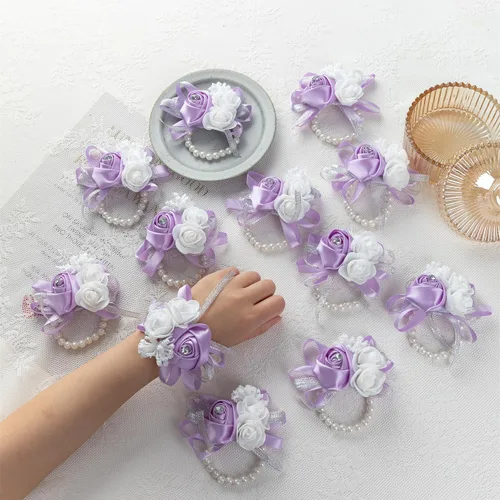 Miniatura 7 de 12 unids/lote mujeres novia novia dama de honor muñeca ramillete seda rosa perlas niñas boda mano flores decoración fiesta (verde)