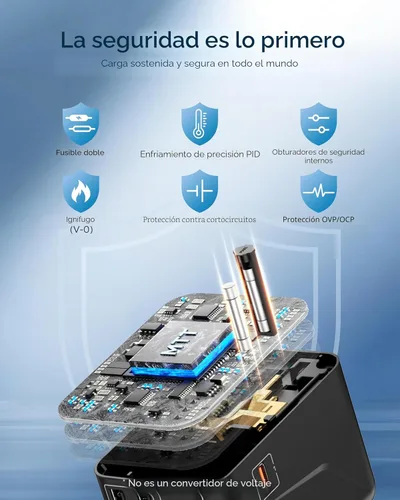 Miniatura 6 de MOMAX Adaptador de viaje universal 6 en 1, adaptador de corriente internacional GaN 70W, 3 USB-C PD de carga rápida y 2 USB-A QC, 1 AC, adaptador