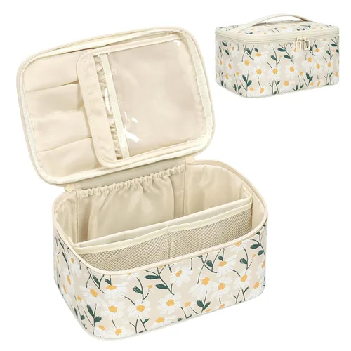 OCHEAL Makeup Bag,Travel Makeup Organizer Bag, Cute Cosmetic Bags for Women Girls Travel Toiletry Bag Traveling With Brush Slot And Divider-Floral