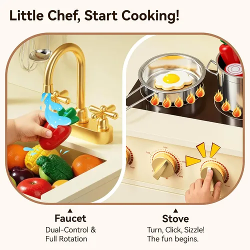 Miniatura 3 de Juego de cocina para niños con diseño giratorio, juego de cocina de madera para niños con máquina de hielo, juego de cocina de juguete para niños