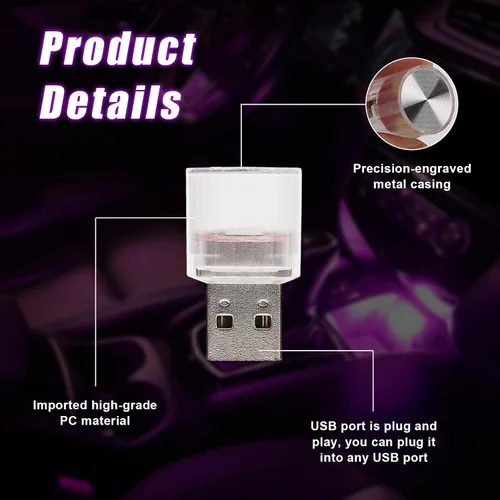 Miniatura 3 de 4 luces LED USB para el interior del automóvil, con interfaz automotriz USB enchufable, lámparas nocturnas de carga, mini luz LED