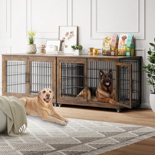 Miniatura 22 de YaFiti Mueble de jaula para perros con cojín, perrera de madera para interiores con puertas dobles, jaula para perros con ruedas, mesa auxiliar