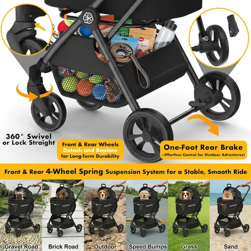 Miniatura 8 de PAWZIDEA Carriola de mascotas 4 en 1, Carriola de gatos con portaequipaje desmontable y dosel sin cremallera, jaula portátil para perros