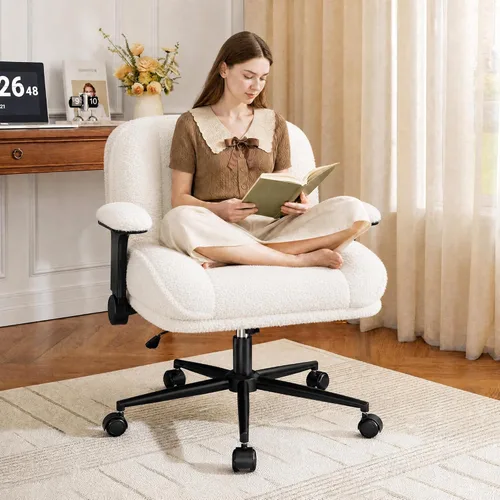 Miniatura 10 de DurayLoly Silla de Oficina con Piernas Cruzadas con Brazos Abatibles, Silla de Piernas Cruzadas Ancha con Ruedas y Asiento Extra Profundo Engrosado