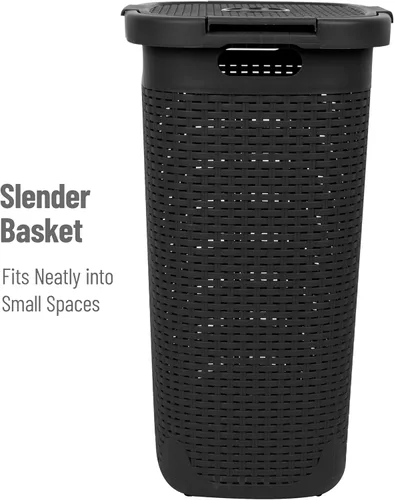 Miniatura 6 de Mind Reader Cesta delgada para ropa sucia de 60 L, cesta de ropa, tapa, diseño de mimbre, plástico, 17.65 pulgadas de largo x 13.75 pulgadas de Negro
