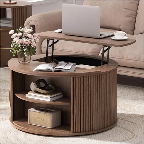 Miniatura 17 de JOINICE - Mesa auxiliar cuadrada con tapa elevable para sala estar u oficina en casa, con almacenamiento, compartimento oculto, estilo moderno Nogal