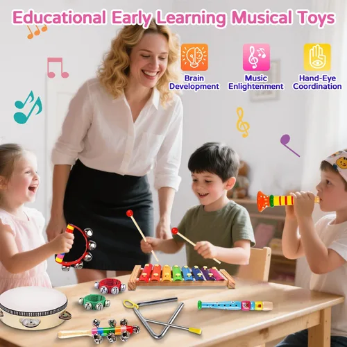 Miniatura 5 de Instrumentos musicales para niños, instrumentos de percusión de madera para niños pequeños, pandereta, xilófono, juguetes para niños y niñas