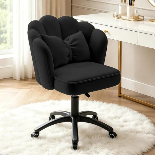 Silla de tocador con ruedas, silla de escritorio de terciopelo con pétalos, silla de oficina en casa tapizada y copetada para mujeres y niñas, silla