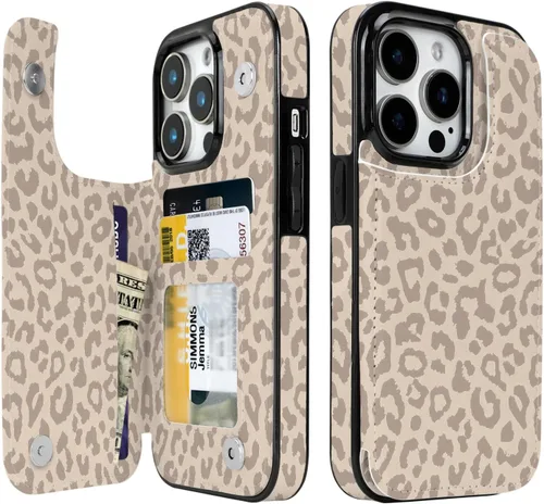 Miniatura 19 de Funda compatible con iPhone 14/15 con tarjetero y ranuras integradas de piel sintética con función atril y a prueba de golpes para iPhone 14/15