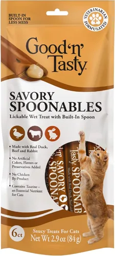 Good 'n' Tasty Cucharas sabrosas con pato real, carne de res y conejo, tubo de 6 unidades, golosinas húmedas exprimibles de triple sabor para gatos