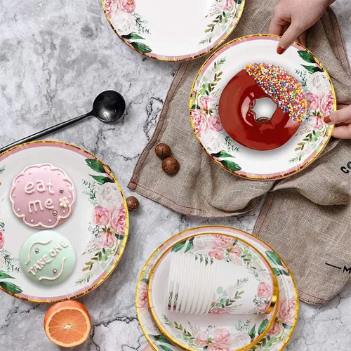 Miniatura 2 de HAPRAY - Conjunto floral de platos desechables y servilletas para 24 invitados, incluye platos, vasos, cuchillos, cucharas y tenedores para baby