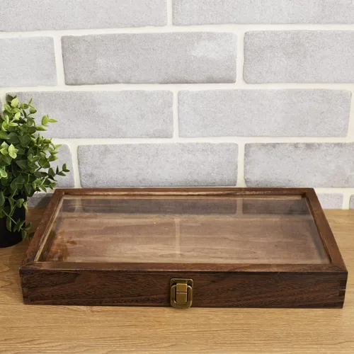 Miniatura 7 de MOOCA Caja de almacenamiento de 2 piezas de vidrio templado de madera con cierre de metal, bandeja de joyería de madera para coleccionables