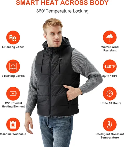 Miniatura 3 de DEWBU Chaleco calefactado con batería de 12 V, múltiples métodos de fuente de alimentación, ropa térmica ligera con capucha desmontable
