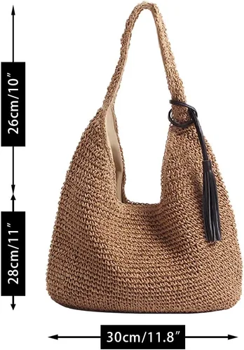 Miniatura 4 de JBRUN Bolso de hombro de paja para mujer, bolso tejido hecho a mano, bolso de playa de verano, asa de cuero, bolsa de cubo grande