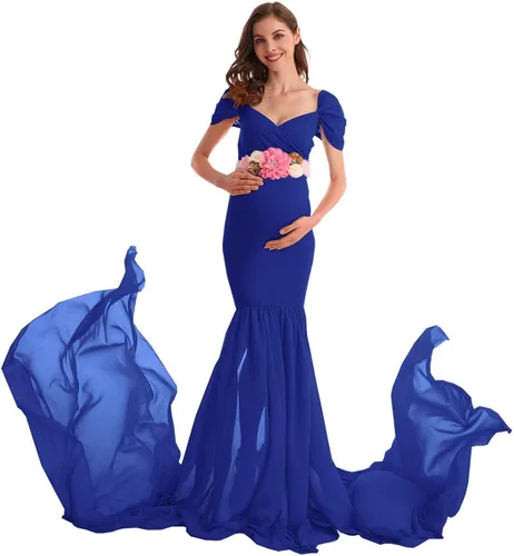Miniatura 2 de AYMENII Vestido de maternidad de gasa con hombros descubiertos y tren largo, vestido de fotografía para boda, fiesta, fotos, vestido de baby shower