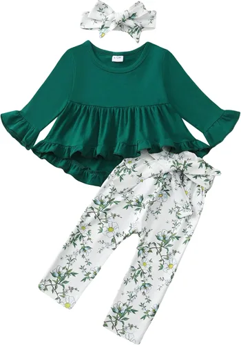 Miniatura 193 de Kucnuzki Conjunto de ropa para bebé niña pequeña, camisa de manga con volantes, pantalón floral, ropa de otoño e invierno para niña