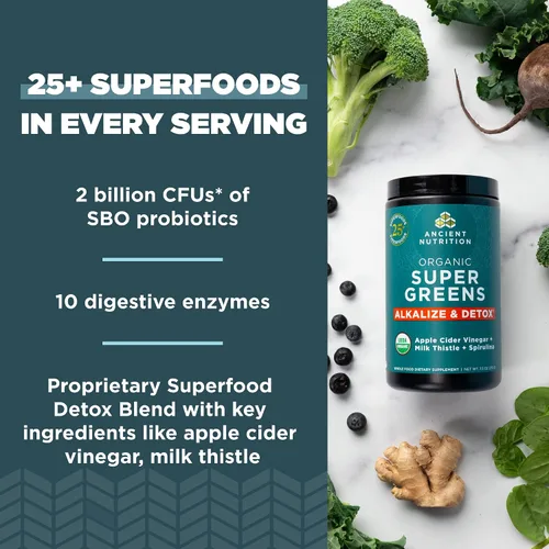 Miniatura 3 de Ancient Nutrition Supergreens Alkalize & Detox - Polvo de superalimento orgánico hecho de frutas reales, verduras y hierbas, para apoyo digestivo
