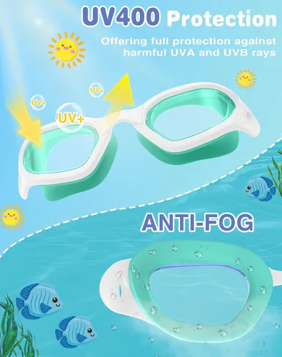Miniatura 2 de Gafas de natación para niños en doble tono, almohadillas ajustables para la nariz y silicona suave a prueba de fugas (6-14), visión clara, antivaho