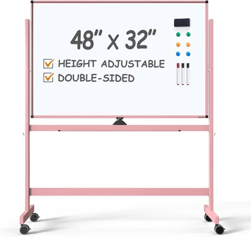 Miniatura 15 de Pizarra blanca magnética grande de borrado en seco con ruedas – 48 x 32 pulgadas, pizarra blanca de altura ajustable de doble cara, caballete Blanco