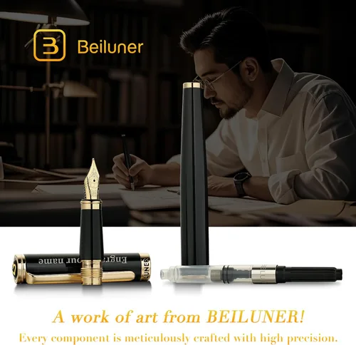 Miniatura 7 de BEILUNER Bolígrafo de pluma negro personalizado, impresionante laca de lujo, punta dorada de 24 quilates (fina), hermoso acabado en oro de 24 Azul