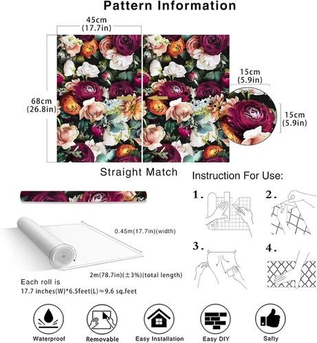 Miniatura 6 de HAOKHOME Papel tapiz floral para despegar y pegar, diseño de rosas y margaritas, removible, negro/rosa/morado, mural salvaje adhesivo, 17.7 pulgadas