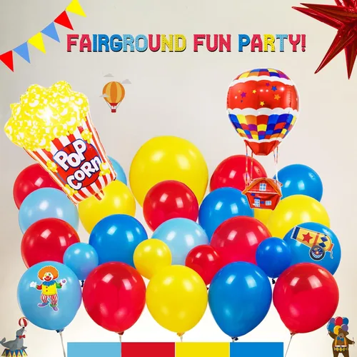 Miniatura 4 de Decoraciones de fiesta de cumpleaños con temática de circo e incluyen guirnalda de globos rojos, azules y amarillos y globos de papel de aluminio
