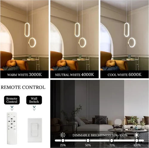Miniatura 2 de Lámpara colgante LED moderna dorada mini con control remoto, 2 anillos, 24W, temperatura de color de 3 pasos, intensidad ajustable sin escalones