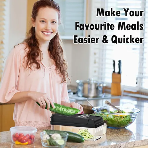 Miniatura 7 de SpaceHacks Picador de verduras 12 en 1, utensilios de cocina con 7 cuchillas, verduras, alimentos, picador de cebolla, rebanador de pepino, Gris
