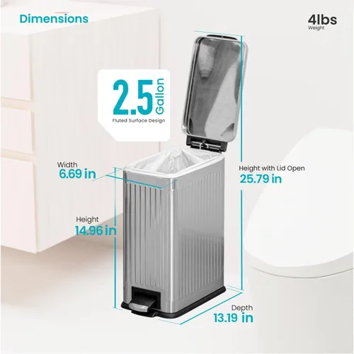 Miniatura 7 de Home Zone Living - Cubo de basura pequeño de 3 galones con tapa y pedal para pisar, de acero inoxidable con diseño estriado delgado para el hogar