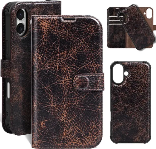 Miniatura 44 de Funda de cuero compatible con iPhone 16 Pro Max Cartera 6.9", cuero genuino 2 en 1, magnética, desmontable, a prueba de golpes, funda tipo folio