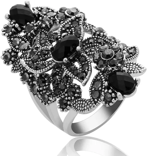 Anillo de moda vintage de plata con flor de marcasita de cristal para mujer