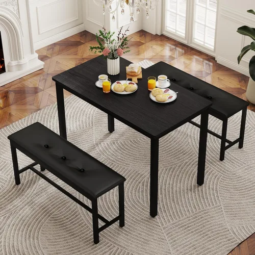 Miniatura 6 de Juego de mesa de comedor para 4, mesa de cocina con 2 bancos, muebles de comedor de madera de 3 piezas, juegos de sillas de comedor para rincón