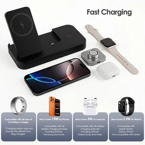 Miniatura 2 de Cargador 4 en 1 para Oura Ring Gen 4 (cargador Oura no incluido), estación de carga inalámbrica magnética rápida para iPhone, Apple Watch, AirPods