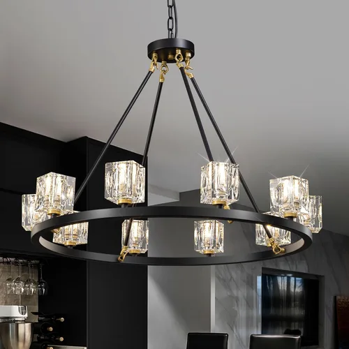 Miniatura 13 de Candelabro de Cristal Negro, Lámparas de Araña Sputnik con 12 Luces, Lámpara de Techo Moderna Ajustable en Altura Semiempotrada para Comedor, Isla
