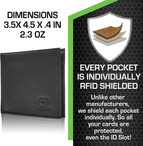 Miniatura 3 de Cartera RFID de cuero genuino plegable con 6 ranuras - Carteras protectoras para hombre, Negro