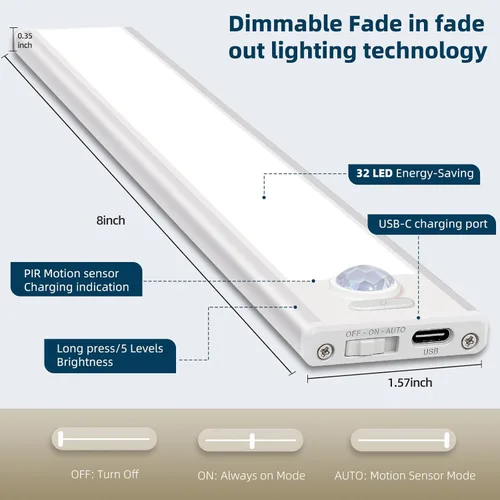 Miniatura 4 de Paquete de 4 luces para debajo del gabinete, luz recargable con sensor de movimiento para interiores, luces magnéticas inalámbricas regulables, 32