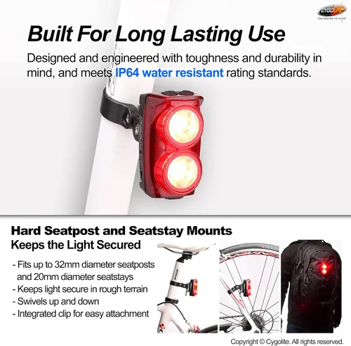 Miniatura 6 de Cygolite Hypershot - Luz trasera para bicicleta de 350 lúmenes, 7 modos nocturnos y diurnos, velocidades de flash ajustables por el usuario