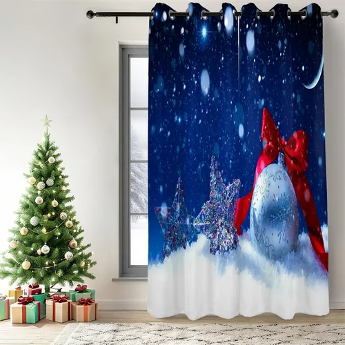 Miniatura 23 de Renaiss Cortinas opacas de Navidad con tablones de madera rústica para dormitorio, con ojales, estampado de copos de nieve navideños, cortinas