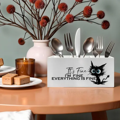 Miniatura 5 de Divertido soporte para lápices de gato negro para escritorio, I'm Fine Everything Is Fine - Organizador de lápices de madera para accesorios