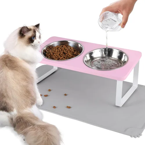 Miniatura 8 de Cuencos elevados mejorados para gatos con alfombrilla para comida, soporte inclinado a 15° anti-vómito, cuencos elevados para gatos para comida