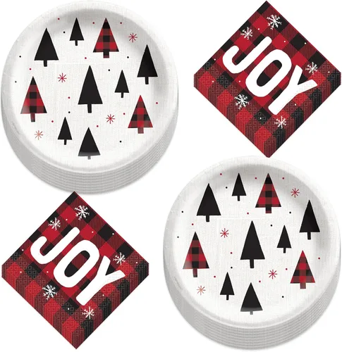 Miniatura 19 de Suministros para fiestas navideñas - Platos de postre de papel, servilletas para bebidas y tenedores de aldea navideña de invierno (para 16 personas)