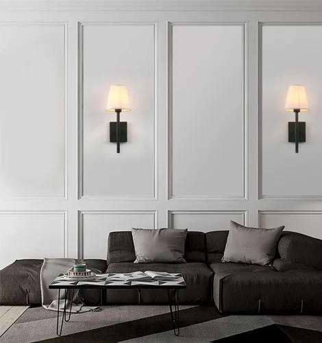 Miniatura 2 de Pathson Juego de 2 apliques de pared de baño cableados con pantalla de tela blanca, iluminación de pared de tela para sala de estar, dormitorio