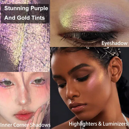 Miniatura 3 de Afflano Sombra de ojos única morado-dorado brillante, sombra de ojos multicolor cromo duo, sombra de ojos holográfica con purpurina, cambio