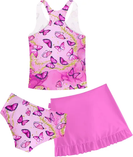 Miniatura 73 de Traje de baño tankini de 3 piezas para niñas, lindo bikini con salida de baño con falda de playa de 5 a 16 años